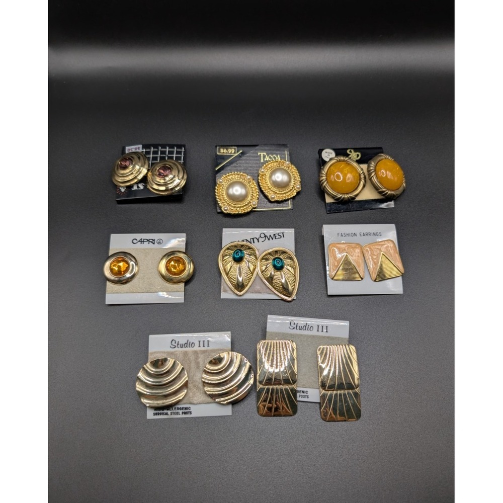 Vintage Pierced Stud Earring Lot 8 Pairs Gold Tone 80s 90s Chunky Statement